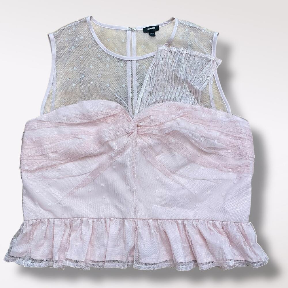Express Women Pink Tulle Dot Twist Front Peplum Tank‎ Top Size L Boho Coquette